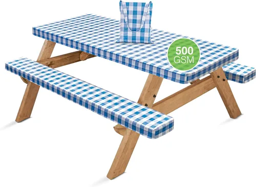 Funda de mesa de picnic con fundas de banco, 500 GSM, reutilizable, de vinilo resistente, para exteriores, mantel de picnic impermeable con funda de