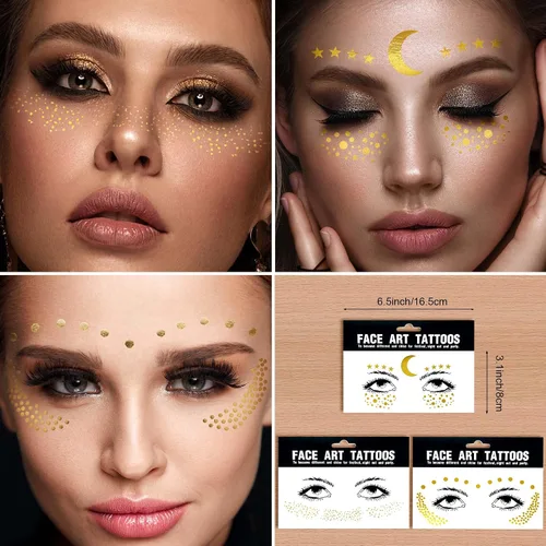 Miniatura 2 de 3 hojas de tatuajes faciales temporales metálicos dorados, pecas sintéticas, calcomanías de maquillaje, impermeables, brillantes, arte corporal
