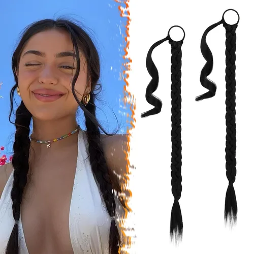 Miniatura 43 de Barsdar Extensión de 26 Pulgadas de Cola de Caballo Trenzada Larga con Banda Elástica - Extensiones de Cabello en Cola de Caballo Recta y Elegante