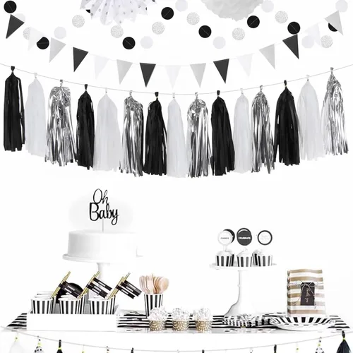 Miniatura 7 de Kits de decoración para fiestas negro blanco-plata - 33 piezas, banderas, guirnaldas con borlas para graduación, pompones de papel de seda tipo