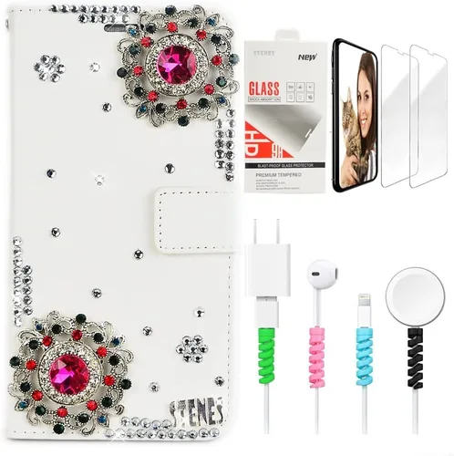 Miniatura 7 de Bling Wallet - Funda de cuero compatible con Google Pixel 6a, elegante, hecha a mano en 3D, con libélula y purpurina para bicicleta, con protector