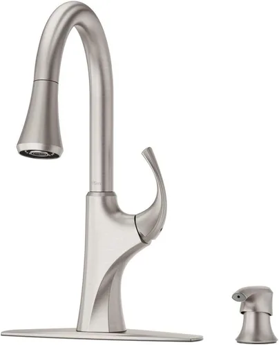 Miniatura 7 de Grifo de cocina Pfister Miri con rociador extraíble y dispensador de jabón, manija única, arco alto, acabado de acero inoxidable Spot Defense, Spot