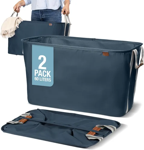 Miniatura 9 de CleverMade - Canasta plegable para ropa sucia - LUXE Crema a cuadros de herringbone, paquete de 2, 60L - Organizador de almacenamiento ahorrador