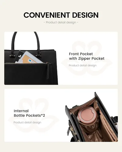 Miniatura 4 de LOVEVOOK Bolsa para laptop para mujer, bolsa de cuero de 15.6 pulgadas con soporte para tazas y embrague desmontable, maletín profesional Negro