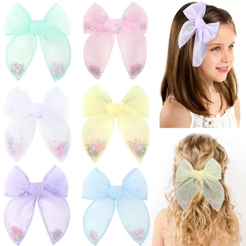 6 piezas de lazos de tul para el pelo de niñas, lazos para bebés de CN con estrella brillante y pinza de cocodrilo, pasadores de pelo coloridos,
