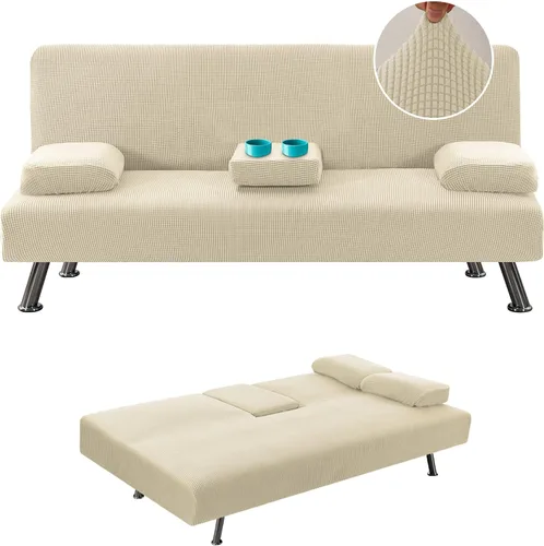 Miniatura 12 de LiveGo Funda para futón, 4 piezas, elásticas, para futón, sofá cama, con reposabrazos extraíbles y portavasos, protector de muebles, tela jacquard