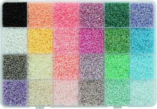 Kit de cuentas de semillas 12/0 de 0.079 in – 16800 cuentas de vidrio a granel con caja de almacenamiento, 24 colores (700 unidades cada uno) para