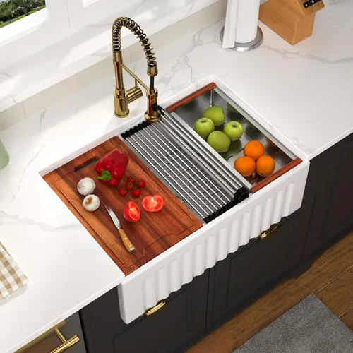 Miniatura 17 de Fregadero de 33 unidades de arcilla refractaria de 33 x 20 x 10 pulgadas, color blanco, fregadero de cocina de porcelana de cerámica, estilo casa