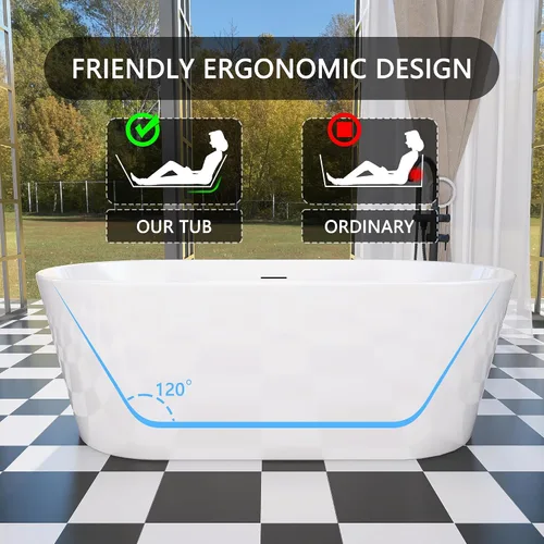 Miniatura 3 de Bañera independiente de 59", bañera independiente de acrílico puro, elegante bañera independiente contemporánea de remojo profundo, certificada cUPC