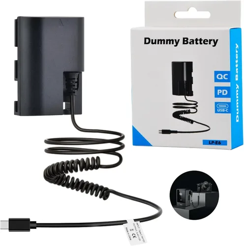 LP-E6 LP-E6N LP-E6NH Batería ficticia con adaptador de corriente de resorte tipo C - Compatible con Canon EOS R5, R6, R7, 5D (II/III/IV), 5DS, 5DS