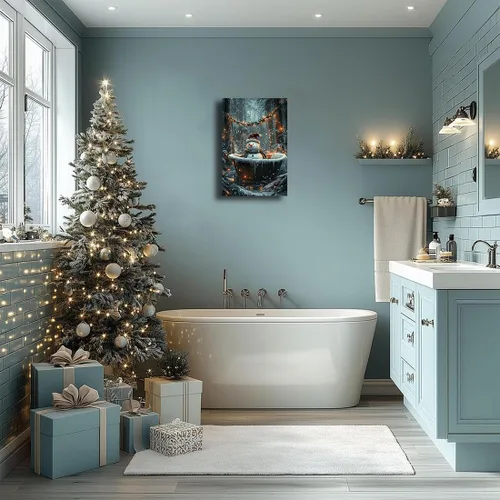 Miniatura 4 de Arte de pared de Navidad para baño, muñeco de nieve de Navidad en la bañera, impresión en lienzo de baño, escena clásica de Navidad, invierno