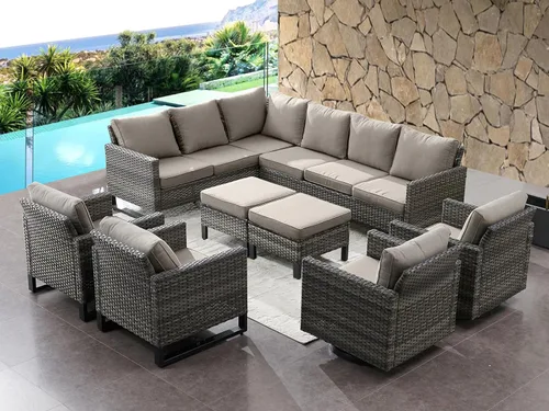 Miniatura 38 de HUMMUH Juego de 2 sillas giratorias para patio, mimbre de polietileno, para exteriores, bistró, porche, balcón, muebles con cojines Gris/gris