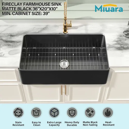 Miniatura 49 de Miuara Fregadero de Granja Negro de 33 Pulgadas - Fregadero de Cocina Grande de Frente con Delantal Tazón Individual 33"x18"x10", Instalación Bajo