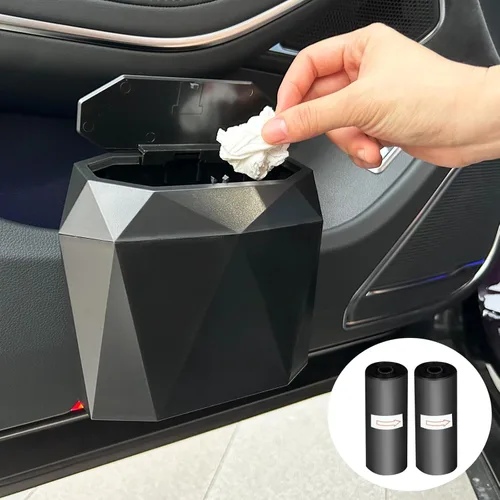 Wontolf Mini cubo de basura para automóvil con tapa y 60 bolsas de basura, ABS diseño de diamante, organizador de automóvil, accesorios