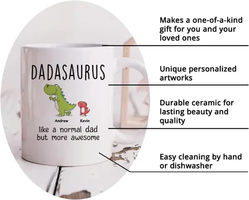 Miniatura 6 de Gossby Taza de Café Personalizada DADASAURUS – Regalo Personalizado para Papá de Niño, Hija, Hijo, Esposa Con Diseño, Nombres – Divertido Día