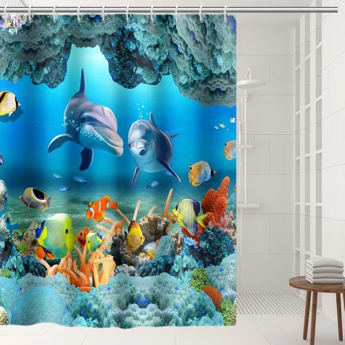 Miniatura 18 de Yeele Cortina de ducha con diseño de delfín, diseño de animales submarinos, tropical, con temática de vida silvestre, océano, azul, para baño