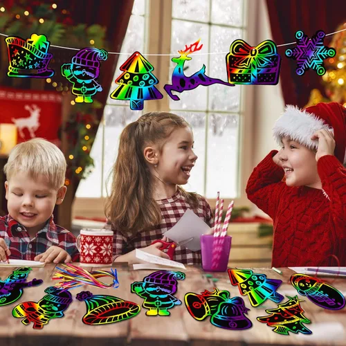 Miniatura 7 de Max Fun Manualidades de Navidad para niños, 96 piezas de adornos de arco iris mágico, tarjetas para raspar de papel, suministros de arte