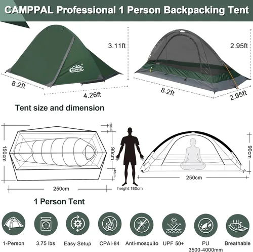 Miniatura 5 de camppal Tienda de campaña para 1 persona para acampar, senderismo, caza de montaña, tiendas de mochilero, resistencia a las 4 estaciones a prueba