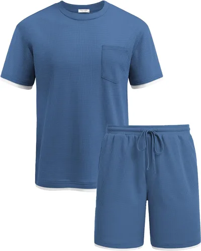 Miniatura 29 de COOFANDY Conjunto de camisa y pantalones cortos de gofre para hombre, conjunto de 2 piezas, conjunto casual de verano con bolsillos