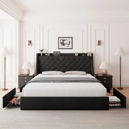 Miniatura 3 de Feonase Marco de cama tapizado de tamaño completo con 4 cajones de almacenamiento, cabecera de almacenamiento grande tipo wingback, no necesita Negro