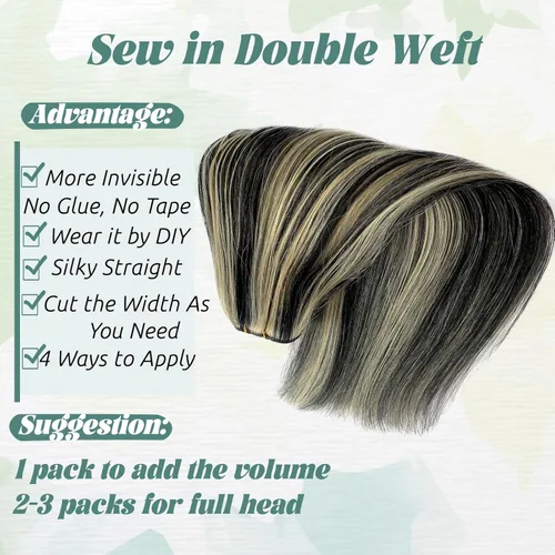 Miniatura 5 de Extensiones de cabello cosidas de cabello humano real, balayage de negro brillante a rubio dorado, paquete de extensiones de cabello humano