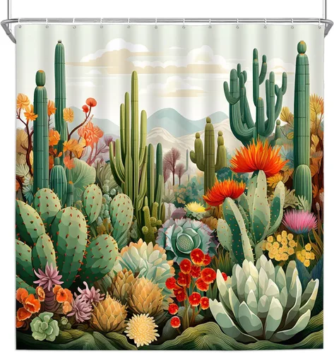 Miniatura 6 de Cortinas de ducha de cactus con plantas tropicales y flores, flores suculentas, desierto, montaña, paisaje, decoración de baño, cortinas de tela