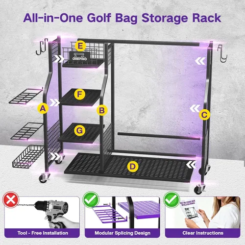 Miniatura 8 de Organizador de almacenamiento de bolsas de golf, soporte de almacenamiento para bolsas de golf y otros accesorios de equipo de golf, estante