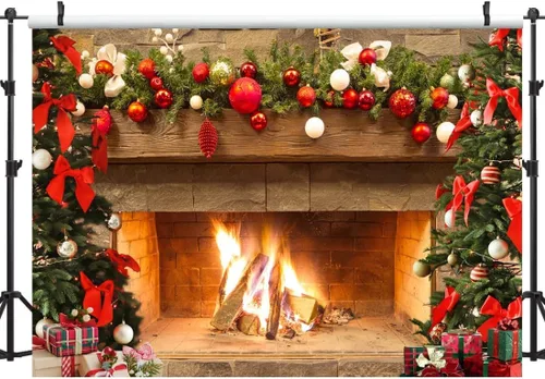 Miniatura 4 de Lofaris Telón de fondo de chimenea de Navidad de 5 x 3 pies, diseño vintage de árbol de fuego, medias rojas, regalos de fondo de fotografía