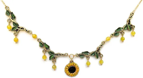 Green Leaf and Sunflower Necklace w/Agate Bead Dangle - Hand Painted Sunny, Golden Yellow Flower and Leafy Green Necklace - Nature Colors Jewelry