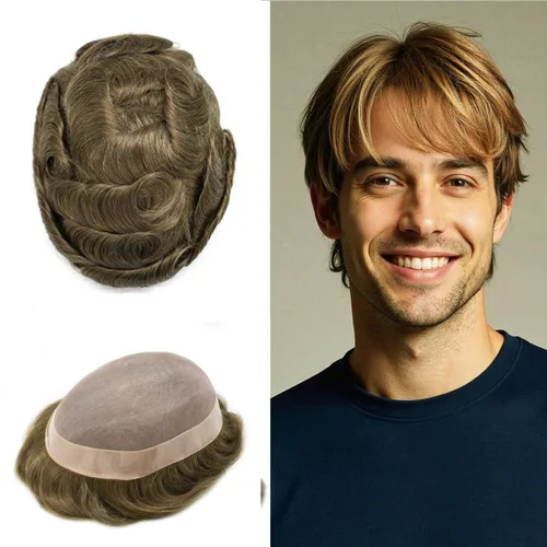 Miniatura 72 de Toupee de cabello humano fino mono revestido de poliéster para hombre, postizo de monofilamento duradero NPU monofilamento tupé para hombres