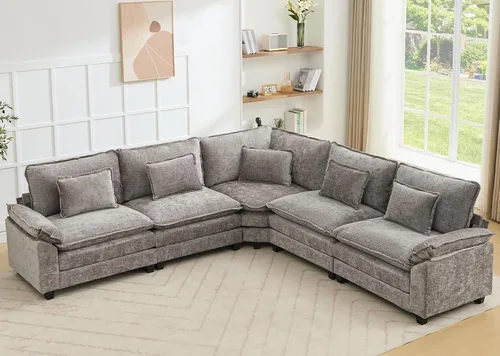 Miniatura 54 de Juego de sofá seccional modular de gran tamaño, sofá de nube convertible de asiento profundo, sofá esquinero grande en forma de L con cojines Beige