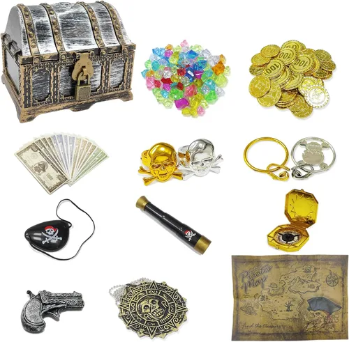 Miniatura 8 de Juego de 128 piezas de cofre del tesoro pirata con marco dorado para niños, juguetes de simulación pirata vintage, incluye monedas, joyas, dinero