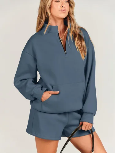 Miniatura 2 de Caracilia Conjunto deportivo de 2 piezas para mujer, sudadera de gran tamaño con media cremallera y pantalones cortos a juego para el otoño