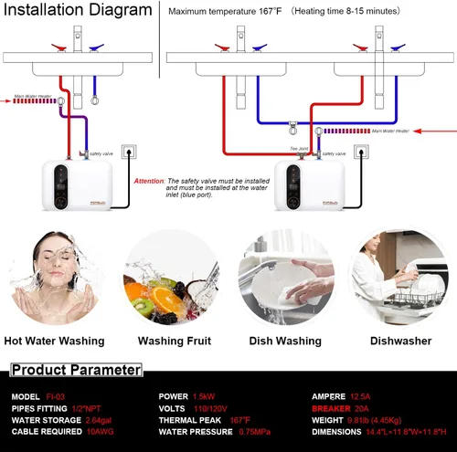 Miniatura 7 de Calentador de agua caliente eléctrico 110/120V pequeño y compacto de 2.5-3.0 galones, para RV, 1440-1500W, para cocina, debajo del fregadero, sobre