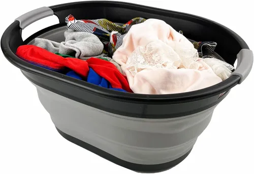 Miniatura 7 de SAMMSAMMART - Juego de 2 cestas plegables ovaladas de plástico para la ropa sucia de 28 litros (7.4 galones), contenedor de almacenamiento plegable