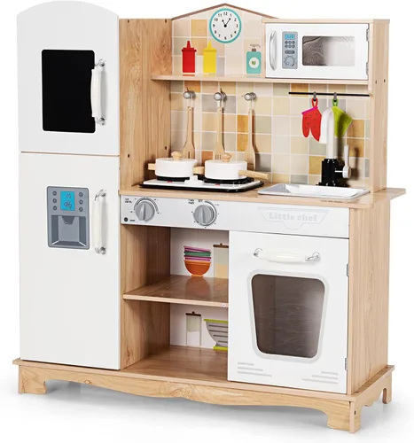 KOTEK Juego de cocina de madera para niños pequeños con luz y sonido/pizarra/microondas/máquina de hielo/horno/estufa/grifo, juguete de cocina para