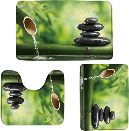 Miniatura 2 de Juego de 3 tapetes de baño de jardín zen de bambú verde piedra negra con temática de spa de plantas que fluyen agua paisajes de baño, brida