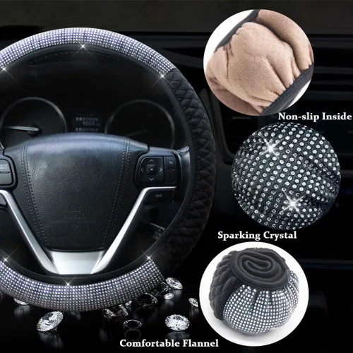 Miniatura 3 de Funda para volante de coche con diamantes de imitación, cubierta de volante de cristal de 15 pulgadas de ajuste universal para mujeres y niñas
