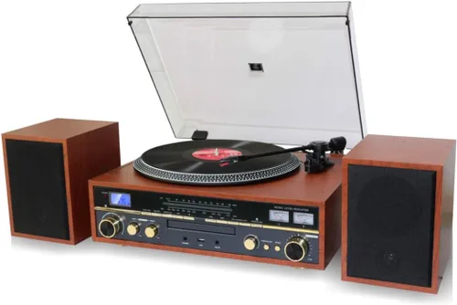 TechPlay Commander, tocadiscos de 3 velocidades con control de tono, reproductor de CD, amplificador con medidor VU, Bluetooth y grabación USB...