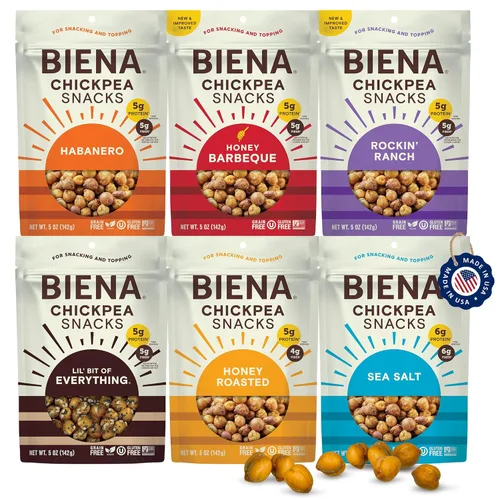 Miniatura 12 de BIENA Chickpea Snacks - Garbanzos tostados crujientes - Snacks ricos en fibra y proteína para adultos y niños - Paquete de 4, bolsas de 5 onzas
