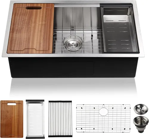 Miniatura 9 de PRUSSIA Fregadero de cocina de 33 pulgadas, 33 x 22 x 10 pulgadas, fregadero de acero inoxidable 304 calibre 16 de un solo tazón Fregadero Topmount