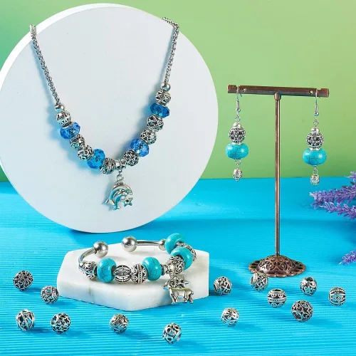 Miniatura 8 de 66 cuentas europeas tibetanas de plata antigua, cuentas de agujero grande, cuentas huecas de aleación hueca, espaciadores de metal, cuentas