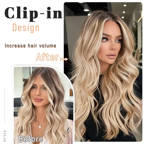 Miniatura 5 de Extensiones de cabello con clip de Vigorous de 20 pulgadas, con reflejos rubio playa, extensiones de cabello ondulado largo y suave de cabello