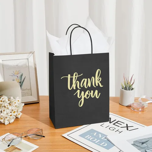 Miniatura 3 de DjinnGlory Paquete de 50 bolsas de papel de agradecimiento negras de tamaño mediano con asas de 10 x 8 x 4 pulgadas y papel de seda blanco para Negro