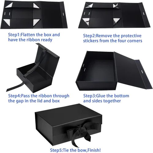 Miniatura 7 de RUIFYRAY Caja de regalo magnética de lujo negra con tapa, cintas y bolsa de regalo, tamaño mediano, 9.4 x 7 x 3 pulgadas, ideal para Navidad, Año
