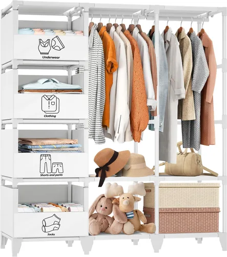 Miniatura 8 de Armario Portátil, Fácil Montaje, Armario Ropero de Gran Capacidad, Perchero de Ropa Resistente y Estable con Estantes, 4 Cestas de Almacenamiento
