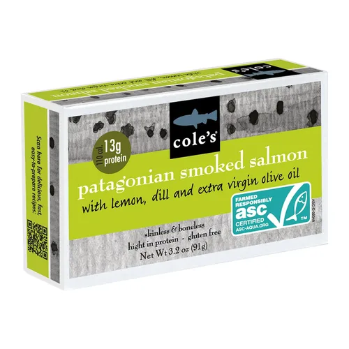 Cole's Filete de Salmón Ahumado Patagónico con Limón y Eneldo en Aceite de Oliva Extra Virgen | 3.2 oz Envasado a Mano Salmón Ahumado Enlatado | 13g