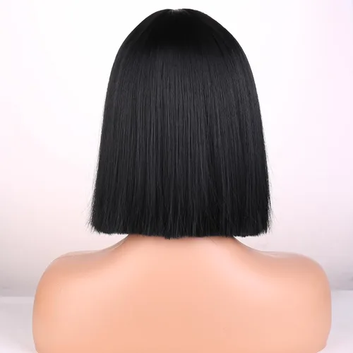 Miniatura 4 de Pelucas negras para mujeres y niñas, peluca corta y recta negra con flequillo, pelucas sintéticas resistentes al calor, para fiestas de disfraces