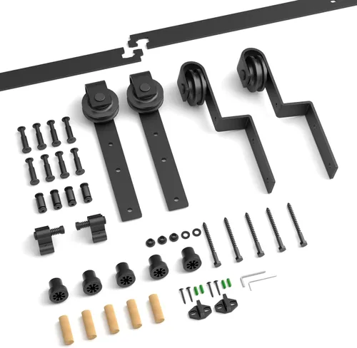 Miniatura 7 de Kit de herrajes para puerta corrediza de granero bypass de 9 pies, herrajes de puerta corredera de modo de riel combinado, puertas de madera dobles