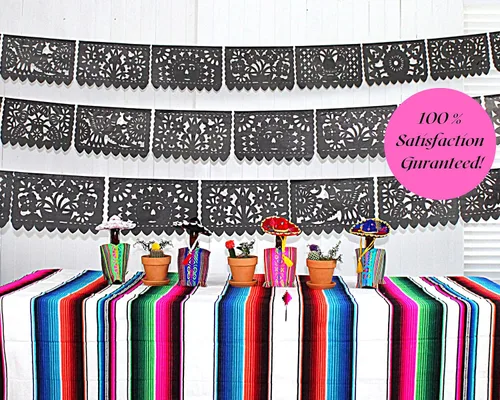 Miniatura 6 de Pancartas de papel picado negras, decoraciones de fiesta, pancarta de fiesta mexicana, banderines, guirnaldas, serpentinas para bodas, quinceañeras